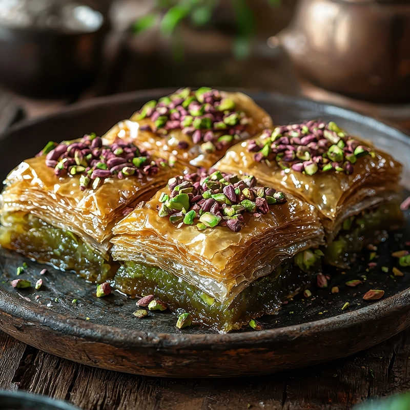 Enjoy the rich and sweet layers of baklava, topped with crunchy pistachios, a traditional delight from Yumme Desserts in Watford, UK.