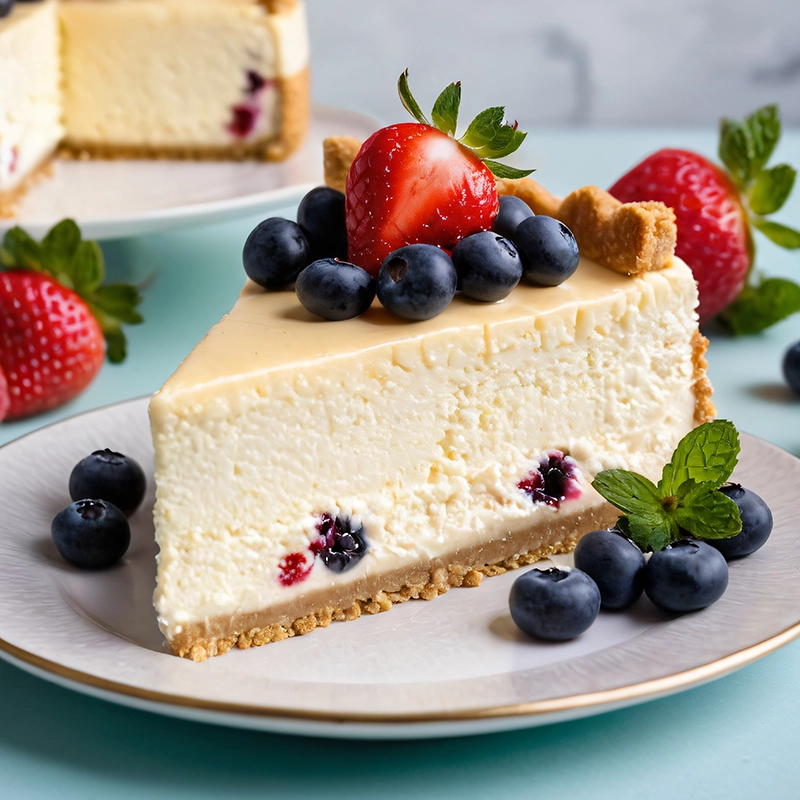 Indulge in a rich and creamy cheesecake topped with fresh strawberries, blueberries, and a mint garnish, available at Yumme Desserts in Watford, UK.