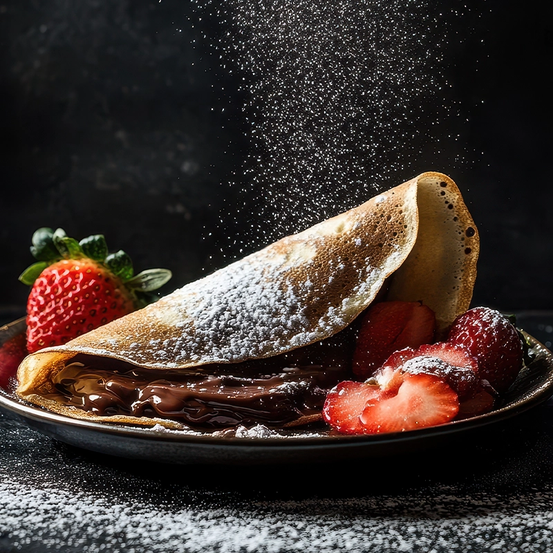 Savour a delicious chocolate crepe with fresh strawberries, dusted with powdered sugar, available at Yumme Desserts in Watford, UK.
