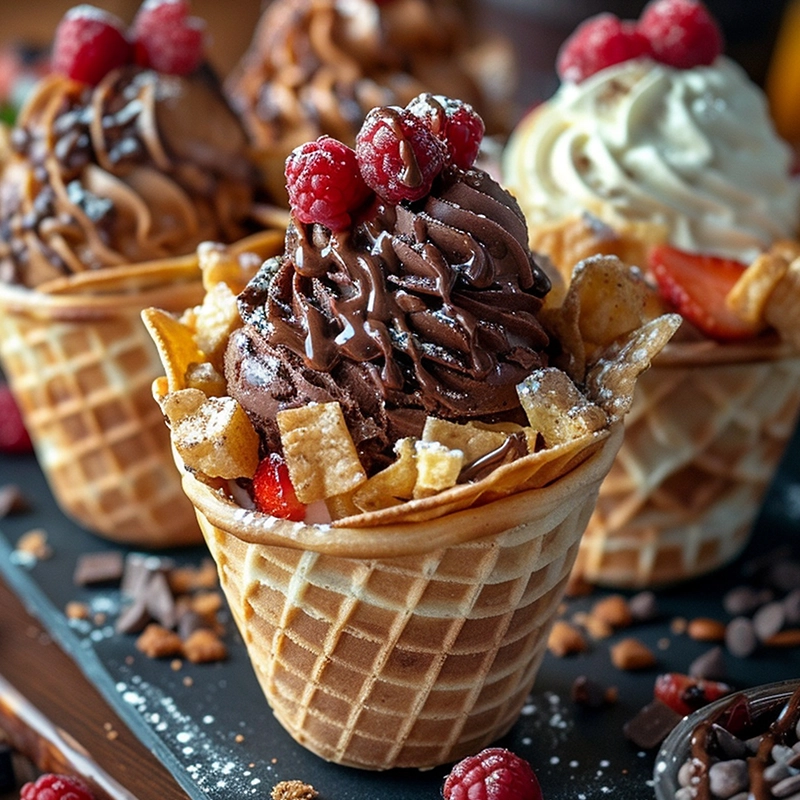 Satisfy your sweet cravings with a chocolate ice cream cone topped with fresh raspberries and crunchy toppings, available at Yumme Desserts in Watford, UK.