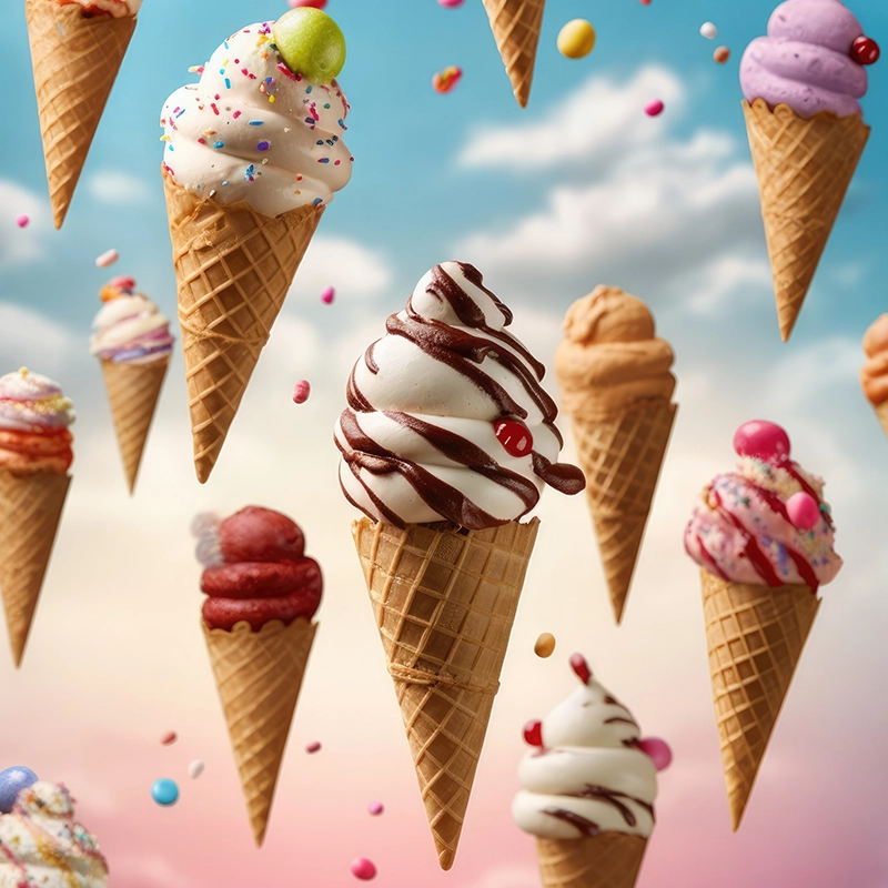 Delight in a variety of delicious ice cream cones topped with colorful sprinkles, available at Yumme Desserts in Watford, UK.