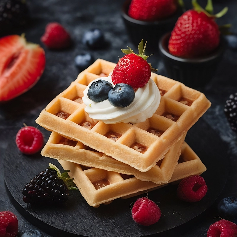 Indulge in a delicious waffle topped with fresh berries and whipped cream, a perfect dessert from Yumme Desserts in Watford, UK.