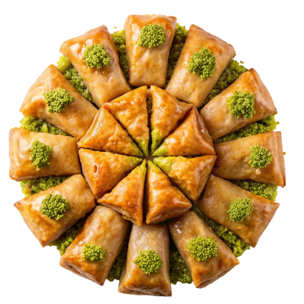Homemade baklava from Yumme Desserts UK, layered with pastry, nuts and sweet syrup.